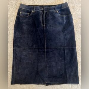 Isaac Mizrahi Indigo Blue Suede Midi Pencil Skirt w/ Belt Loops Front Zip/Button